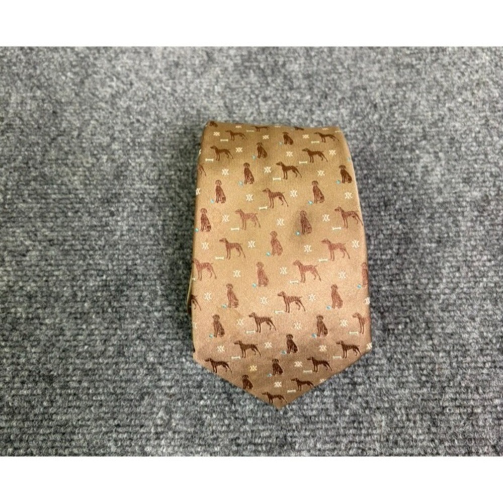 CELINE Tie Dog Pattern All Over Animal Brown 100% Silk Made In ITALY 59"X 3 1/2"